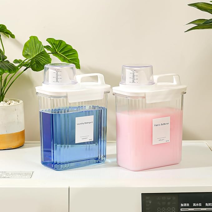 64OZ Liquid Laundry Detergent Dispenser, Laundry Soap Dispenser, Clear Plastic Fabric Softener Holder and Container, Laundry Room Organization and Storage, 2 Pack
