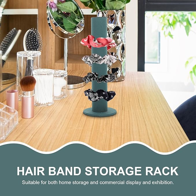 Velvet Vertical Hair Tie Organizer Tower Scrunchie Display Stand for Hair Bands and Jewelry Storage Band Holder Rack for Women Dark Green