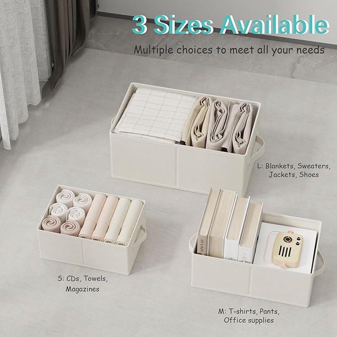 Fabric Storage Boxes for Shelves, 3 Pack Foldable Cloth Bins, Closet Organizers System with 2 Handles, Durable and Sturdy, Saving Space, Beige, 16.1 x 9.8 x 6.5 In, XSNY11BEM-3