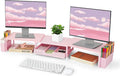 OPNICE Wood Desk Organizers and Accessories, Dual Monitor Stand Riser with Drawer and 2 Pen Holders, Desk Shelf Computer Racks for Office Workspace Organizers, Desktop Organization (Pink)