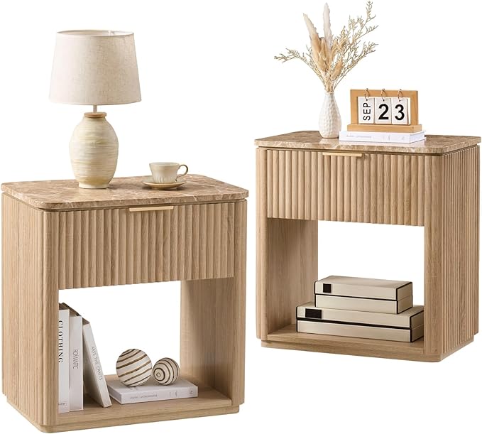 Fluted Nightstand Set of 2, Bedside Table with Faux Marble-Top, Engineered Wood Side Table with Drawer Open Shelf, Curved Corners, Modern Night Stand for Bedroom, Small Spaces, Natural Oak