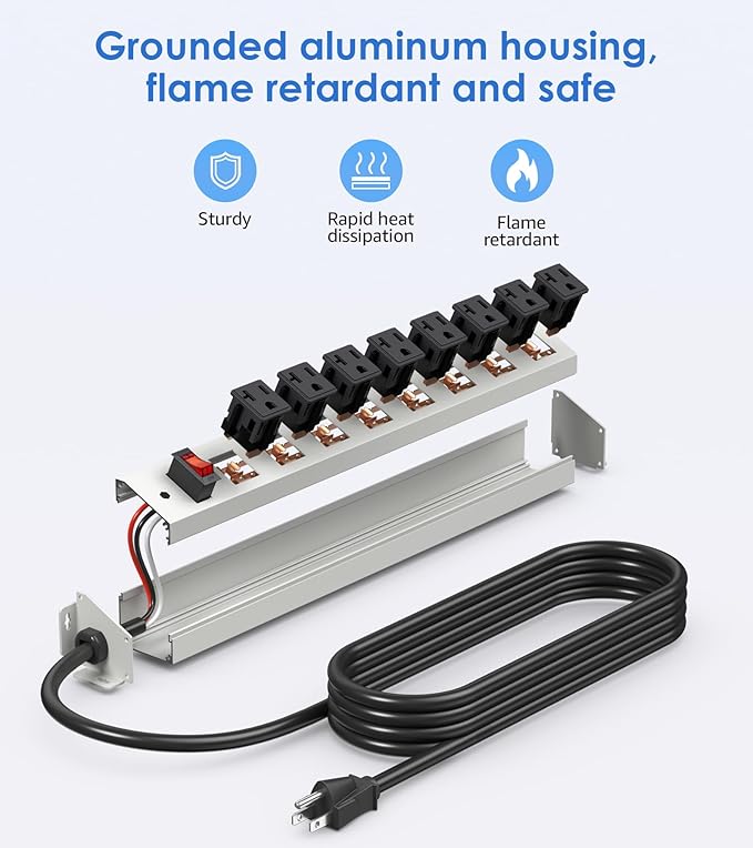 CCCEI 2-Pack Corner Mount Angle Power Strip, Under Cabinet Heavy Duty 8 Outlets Power Strip 20Amp, Metal Desk Plug Surge Protector, Wall Mountable, for Garage, Shop, Kitchen. 6FT Extension Cord.