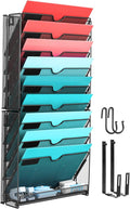 GALASALA Wall File Organizer, 10 Pockets Mesh Hanging File Organizer, Wall Mount File Holder With Hooks, Wall Organizer Magazine Rack for Office Supplies, Black