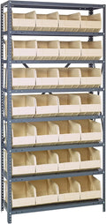 Quantum 2475-483IV Heavy Duty Shelving Unit with (8) Shelves and (28) SSB483 Ivory Bins for Industrial Warehouse Storage Distribution | 400 lbs Capacity | 24"D x 36"L x 75"H, Galvanized Carbon Steel