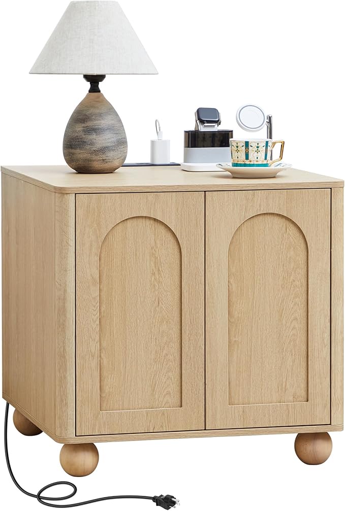 Bed Side Table with Charging Station, Mid Century Modern Nightstand with 2 Doors, Square End Table with Storage for Couch,Living Room,Small Spaces, Sofa Side Table for Office,Dorm - Natural