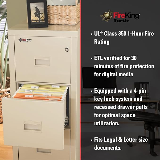 FireKing Turtle Vertical 4 Drawer Legal and Letter Fire Safe File Cabinet with Key Lock, 1 Hour Fire Rated, UL Rated & Water Resistant Home Safe, Filing Cabinet, Made in The USA, Platinum
