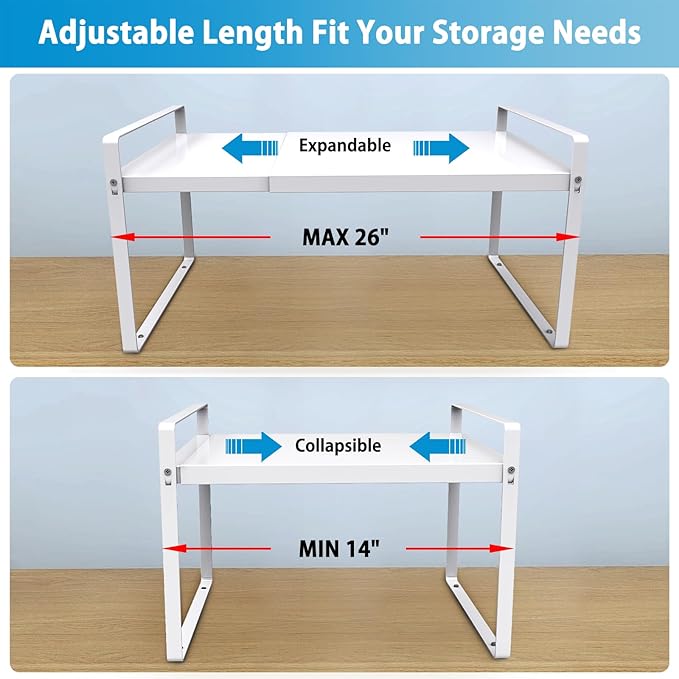 Expandable Cabinet Shelf Organizer 14-25 Inch Adjustable Length, 9" Wide 2-Tier (8" Bottom Layer) Metal Storage Rack for Kitchen Pantry, Under Sink Countertop - Heavy Duty White(2 Pack)
