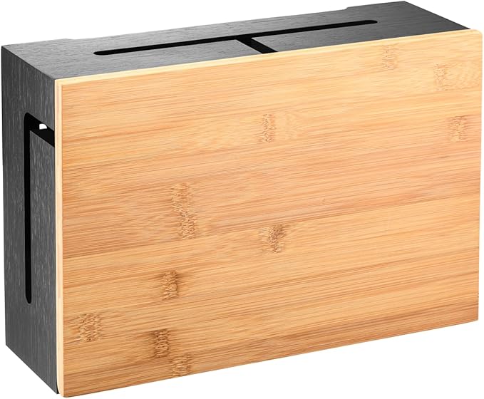 Bamboo Cable Management Box with Magnetic Lid & Ties - Elegant, Durable Cable Organizer to Hide Cords & Power Strip - Wall Mountable Box Hider for Home, Office, Desk & More (Black)