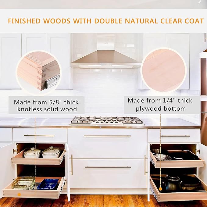 22”W x 21”D x 3”H Soft Close Slide Out Wood Drawer Organizer for Kitchen, Bottom and Side Assembly (Cabinet Opening>23.5 inches for Bottom Assembly, Opening= 23 inches for Side Assembly)