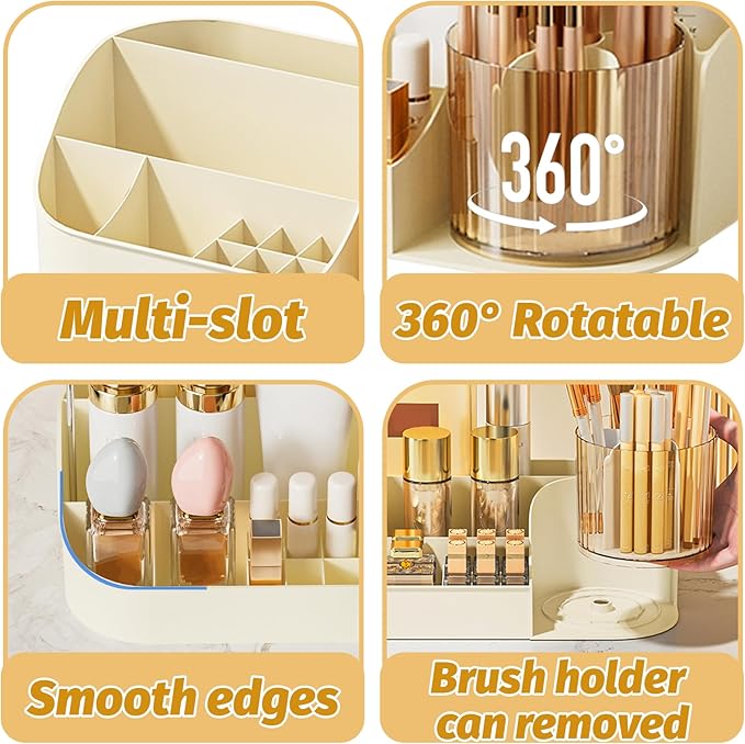 DASITON Large Capacity Makeup Organizer with 360° Rotating Makeup Brush Holder, Perfume and Skincare Storage Organizers for Vanity Bathroom Countertop, Cosmetic Display Case (Cream, 2 Tier)