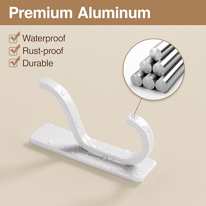 pickpiff 10-Pack Self Adhesive Wall Hooks for Hanging - 13 LB Strong Hold, Sticky Hangers for Coat, Towel, Purse, Keys, Bag - for Wall, Door, Bathroom, Shower, Dorm, Kitchen - Stainless Metal, White