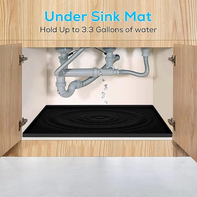 Under Sink Mat for Kitchen Silicone Waterproof Under Sink Liner, Flexible Sink Cabinet Organizer Tray with Drain Hole, Hold up to 3.3 Gallons Liquid, Easy to Clean (Black, 28X19)