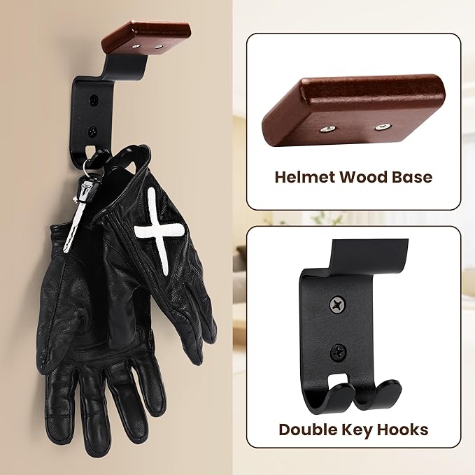 Motorcycle Helmet Holder Wall Mount - Solid Wood & Steel Gear Organizer Rack with 2 Hooks, Heavy Duty Display Hanger for Helmets, Football Gear, Ski Equipment, Hats, Jackets