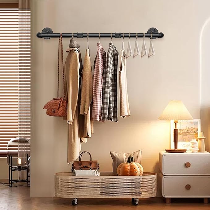 Industrial Iron Pipe Clothes Hanging Bar DIY Wall-Mounted Garment Rack Heavy Duty Clothing Rack for Bedroom, Laundry Room, Closet Storage (Black 36 inch)