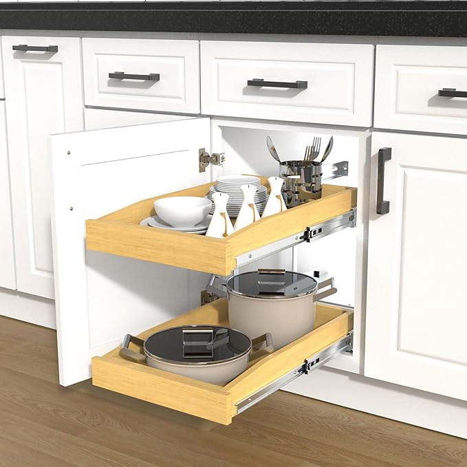 2 Tier Pull Out Cabinet Organizer, 23"W x 21"D Solid Wood Heavy-Duty Base Bottom Assembly Slide out Drawer Shel Cabinet Organization for Kitchen, Pantry, Bathroom