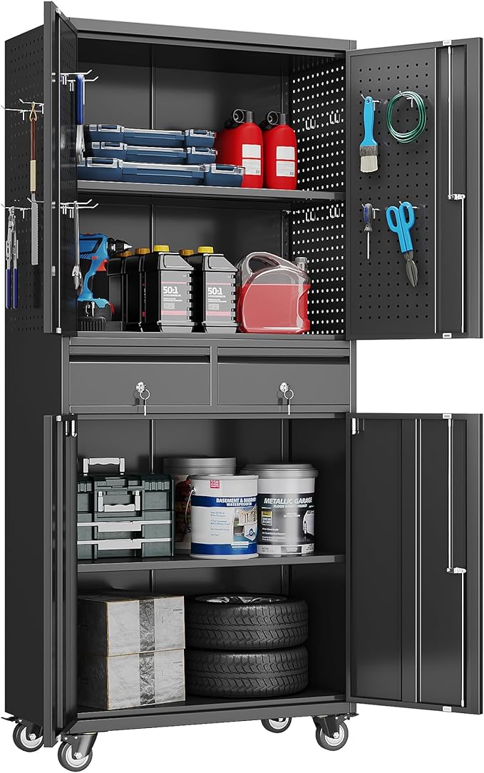 71''H Metal Garage Storage Cabinet with Wheels & 4 Pegboard,Rolling Tool Cabinet with Adjustable Shelves & 2 Lockable Drawer for Garage,Office,Home, Assembly Required,Black
