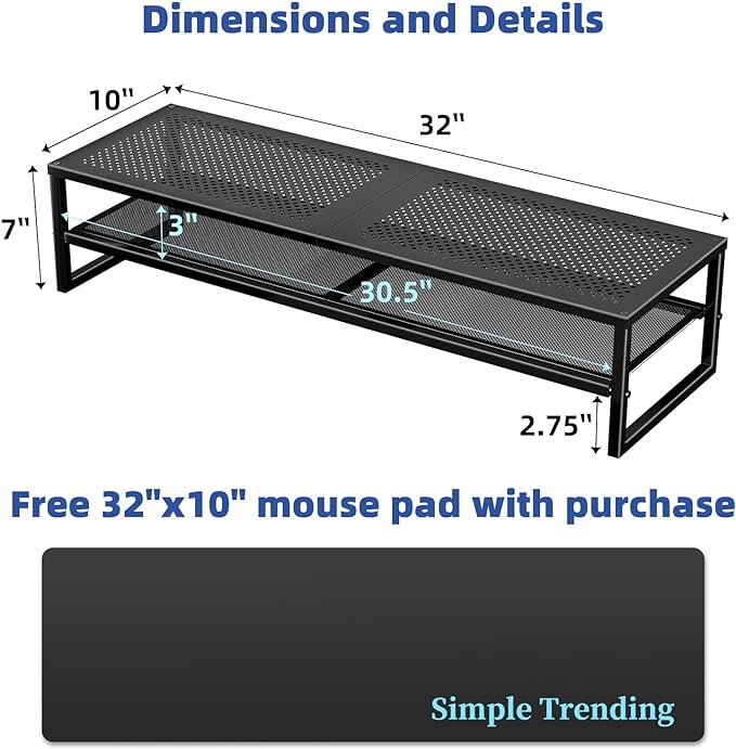 Simple Trending 2 Tier Metal Dual Monitor Stand Riser,Computer Office Desktop Organizer for 2 Monitors With 32"x10" Mouse Pad ,for Laptop,Printer,TV,Black