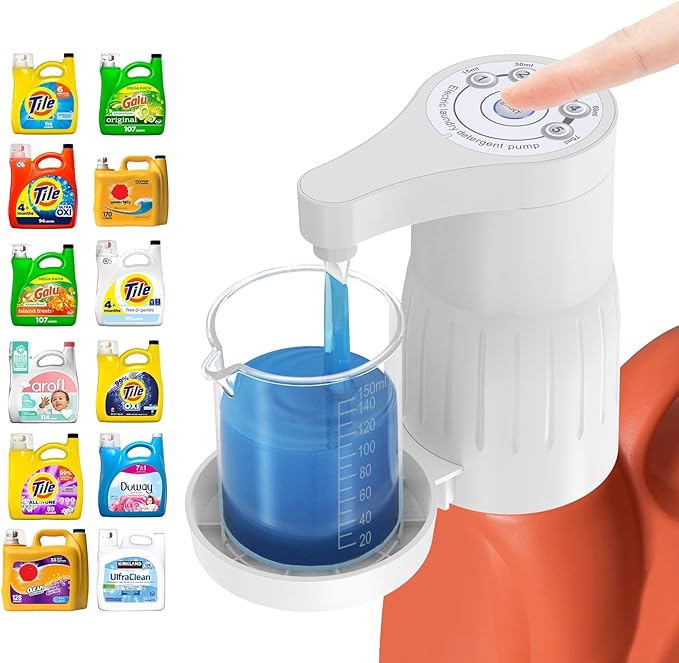 Electric Laundry Detergent Pump - Reusable Laundry Detergent Dispenser with Graduated Cup for Liquid Detergent, USB Rechargeable, Ideal for Laundry Room Organization (White)