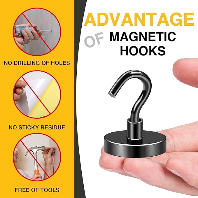 DIYMAG Black Magnetic Hooks, 170 LB Heavy Duty Strong Magnets with Hooks Rare Earth Neodymium Fridge Magnet for Grill Hanging Cruise Cabins Ship Essentials 12 Packs