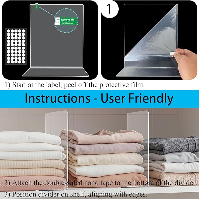 Shelf Dividers for Closet Organization: 12" Tall x 10" Deep Acrylic Closet Shelf Dividers for Clothes Sweater Purse - Free Standing Clear Separators for Shelves