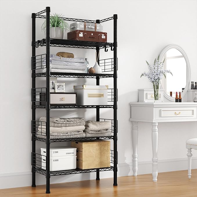 FUTASSI Metal Storage Rack, Storage Organizer Shelves for Kitchen, Bathroom, Living Room, Balcony and Garage, 5 Tiers Narrow Bookshelf, 21.2" W x 9.4" D x 59.2" H, Load 400lbs, Black