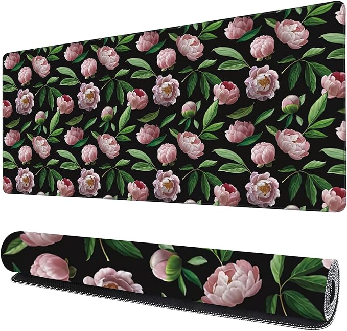 Beautiful Flower Pink Peonies Gaming Mouse Pad XXL Large Desk Mouse Pad Keyboard Mat with Stitched Edges Waterproof Non-Slip Desk Mat for Laptop,Keyboard,Computer 35.4 * 15.7 Inch