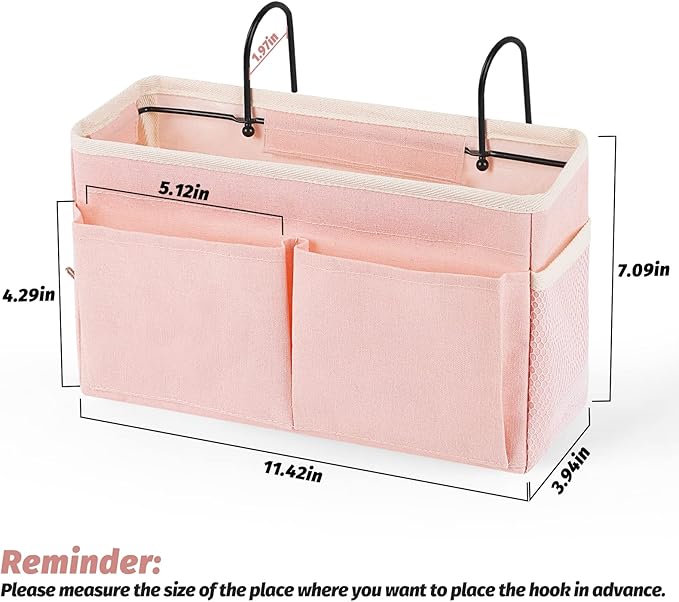 Bedside Caddy Bedside Storage Organizer Hanging Bunk Bed Dorm Room with Side Pockets for Water Bottles, Books, Cell Phones, Headphones 2 Pack (Pink)