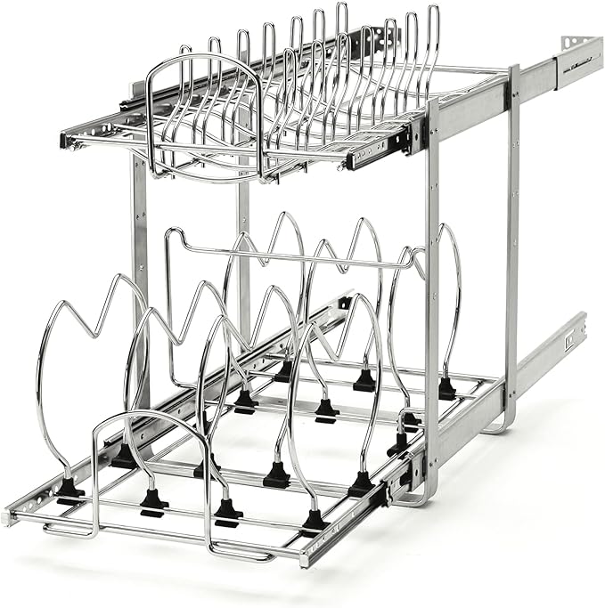 Rev-A-Shelf 2-Tier Kitchen Cabinet Pullout 11.75" Cabinet Organizer for Pots, Pans, and Lid Cookware, Adjustable Heavy Duty Wire, Chrome, 5CW2-1222-CR