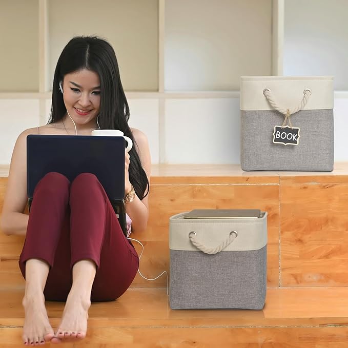 12x12 storage cube bins[6 Pack],Fabric Storage Cubes with Rope Handles, Eco-Friendly Linen Collapsible Organizers for Closet, Nursery, Toys, Office, Bathroom – Dual Color Design.(White&Grey)