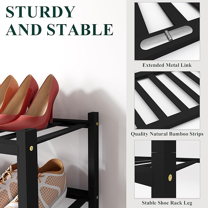 Smiry Bamboo Shoe Rack for Closet, 4 Tier Wooden Stackable Shoe Organizer, Free Standing Shoes Storage Shelf for Entryway, Front Door Entrance, Black