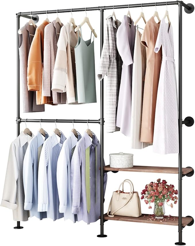 Industrial Pipe Clothes Racks with Black Shelves, Industrial Pipe Black Clothing Rack with Double Hanging Rods, Heavy Duty Wall Mounted Clothing Rack Rod for Closet Storage, Bedroom