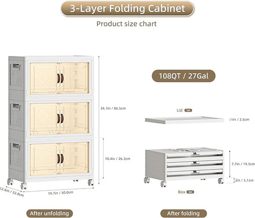 108 QT / 27 Gal Magnetic Double Door Cabinet with Wheels - Foldable Stackable Design, Leather Handles, Water Resistant Organizer for Bathroom, Kitchen
