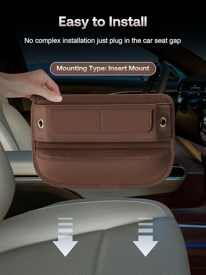 Premium Leather Seat Gap Filler Organizer, Universal Fit Car Accessories for Women/Men Interior, Center Console Organizer With Card Slots for SUV Truck (Brown, 2 Pack)