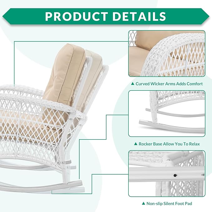 VIVIJASON 3-Piece Outdoor Conversation Bistro Set, Patio Wicker Rocking Chairs Rattan Furniture Sets w/ 2 Rattan Chairs, Cushions, Glass Top Side Table for Garden Porch Backyard (White Wicker/Beige)