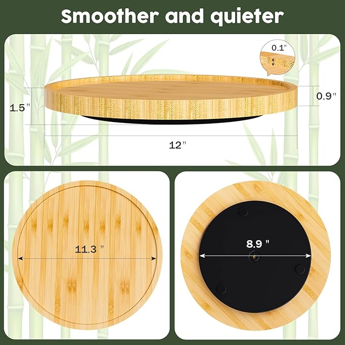 Lazy Susan for Table, 12 Inch Non-Skid Bamboo Turntable Organizer for Salt Pepper Spices and Olive Oil Next to Stove, Wooden Lazy Susan Organizer for Kitchen Countertop Organizer