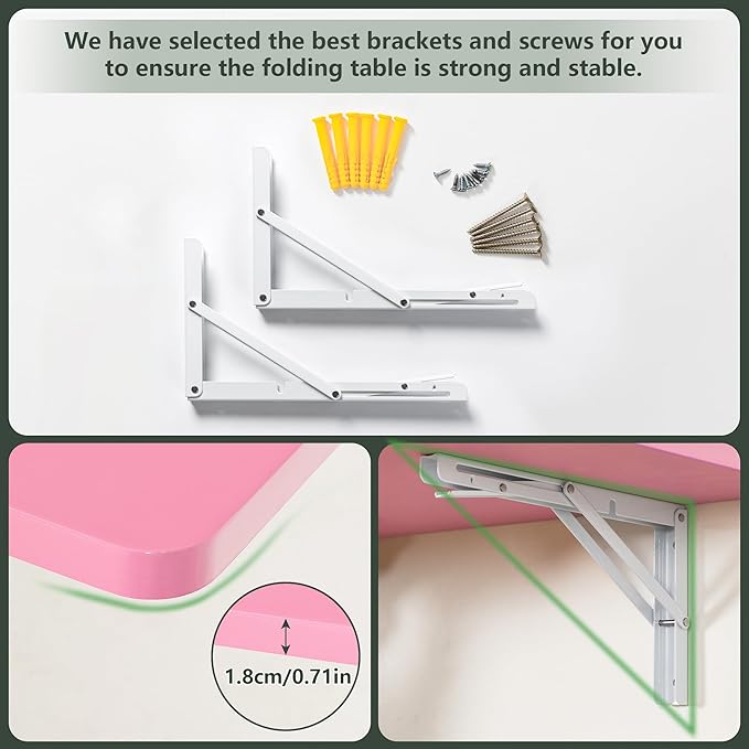 Clikuutory Wall Mounted High Gloss Folding Table, Wall Desk Fold Down for Small Spaces, Folding Workbench for Laundry Room, Home Office, Kitchen, Bedroom, Home Bar, Pink (47.2"×19.7")