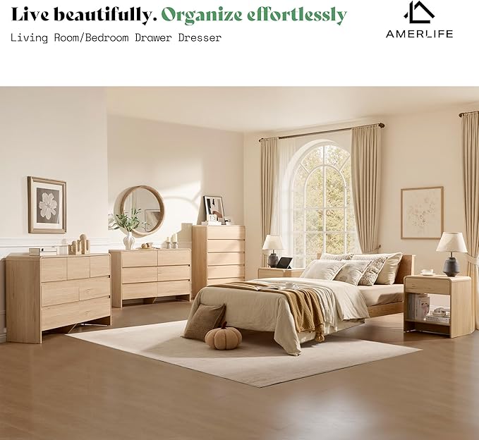AMERLIFE 6 Drawer Dresser for Bedroom, 49" Long Modern Chest of Storage Drawers with Rounded Corners, Anti-Tip Kit, Wood Cabinet Organizer for Closet, Apartment, Nursery, Easy Assembly, Light Oak