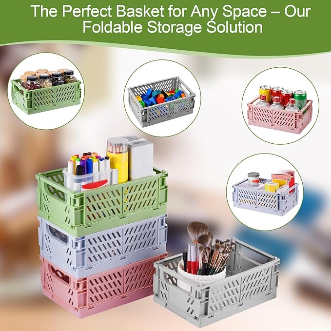 4-Pack Small Pastel Plastic Storage Baskets, Collapsible Crates for Organizing, Space-Saving Mini Bins for Classroom, Kitchen, Office, Bedroom (Yellow, 9.8" x 6.5" x 3.8")