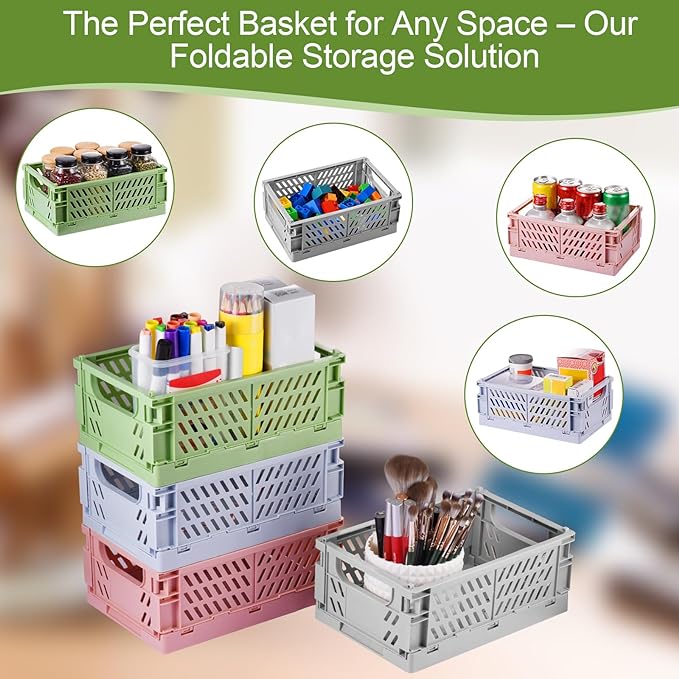 4-Pack Small Pastel Plastic Storage Baskets, Collapsible Crates for Organizing, Space-Saving Mini Bins for Classroom, Kitchen, Office, Bedroom (Pink, 9.8" x 6.5" x 3.8")
