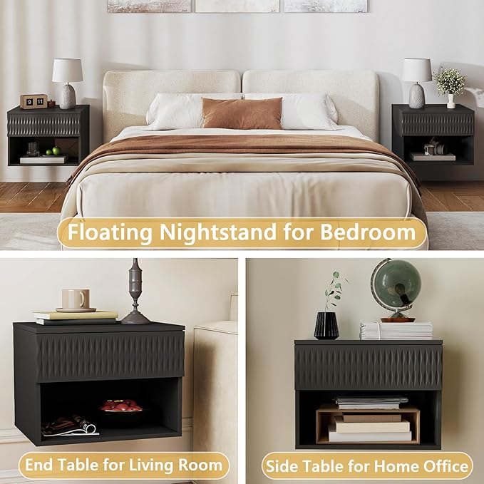 Vibe & Dine Floating Nightstand Set of 2, Wall Mounted Night Stand with Spiral Pattern Design, Modern Bedside Tables with Drawers for Bedroom, Easy Assembly, Black