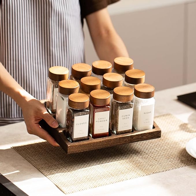 Yangbaga 24Pcs Glass Spice Jars with Labels-4oz Acacia Wood Lid Square Spice Containers and 2pcs Rack with Pepper Grinder Lids &Funnel,Seasoning Jars for Rack Cabinet Drawer