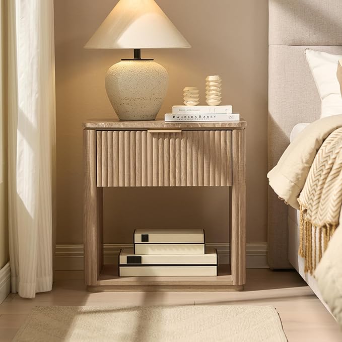 Fluted Nightstand Set of 2, Bedside Table with Faux Marble-Top, Engineered Wood Side Table with Drawer Open Shelf, Curved Corners, Modern Night Stand for Bedroom, Small Spaces, Natural Oak