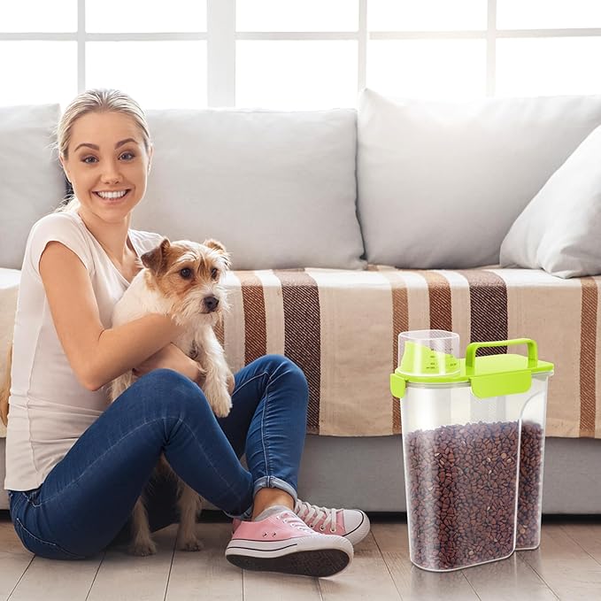 5-7Lbs Cat Dog Storage Container, Portable Pet Food Containers with Upgraded Large Spout and Cup, Small Animal Kibble Dispenser for Bird Seed, Oatmeal, Rice, Flour (1, Bright Green, 5L)