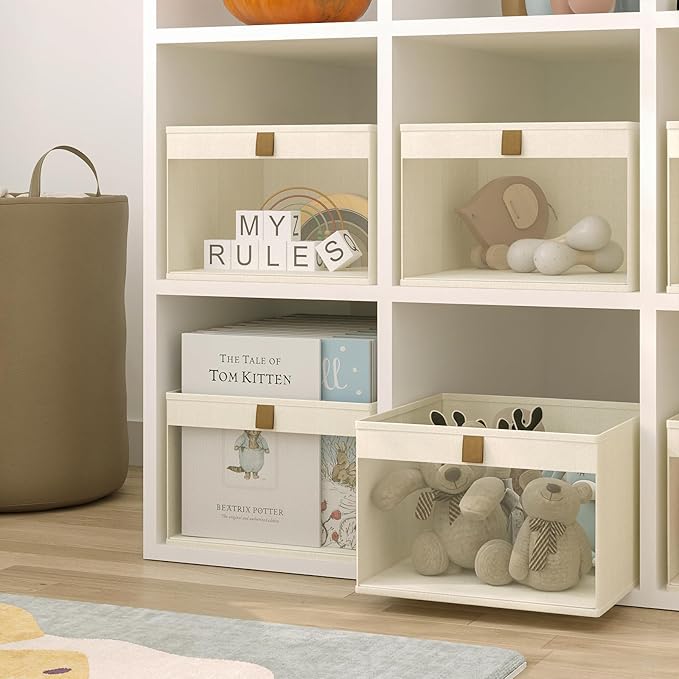 Linen Closet Organizers and Storage, Closet Storage Bins Basket Organizer, Foldable Organization Baskets with Mesh Window for Clothes Towels and Toys, 14.5" x 14.5" x 10.25", Beige, 4 pack