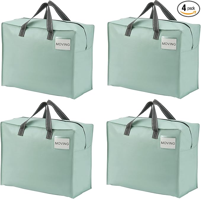 VENO 4 Pack Heavy Duty Moving Bags, Storage Bags, Packing Supplies, Top Zipper, Storage Totes for Camping, Clothes, Bedding, Comforters, Pillows (13 Gallon Light Green, 4 Pack)