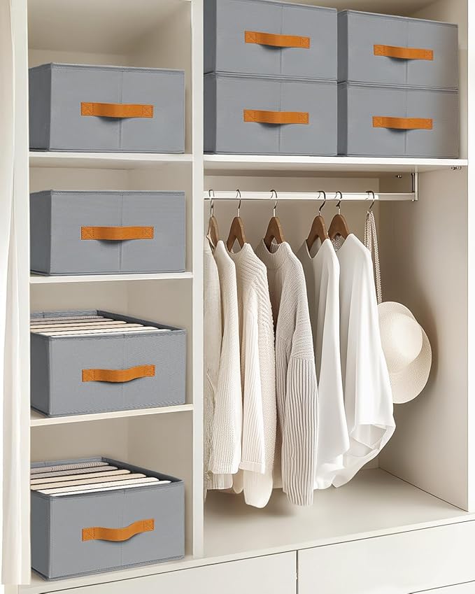 Closet Organizers and Storage - Fabric Clothes Organizer with Handles, Foldable Jeans Organizer for Clothes, Drawer Organizer for Shirts, Bra, Sweater, Scarf, 4 Pack, Grey