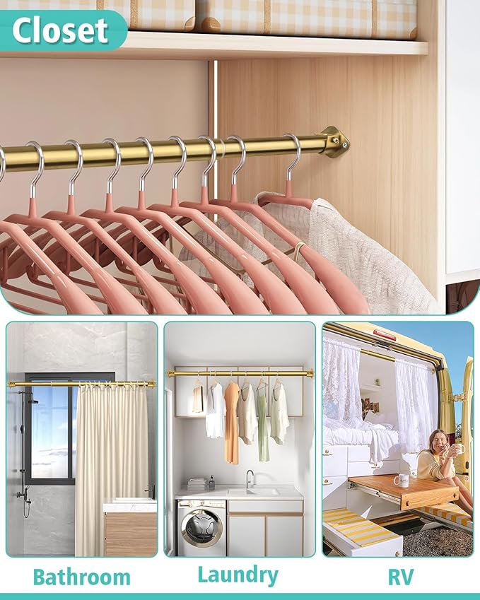 Closet Rod, 17 to 52 Inch Heavy Duty Adjustable Metal Clothing Rack for Hanging Clothes, Closet Poles for Wardrobes, Laundry, Durable Steel, Gold（Upgraded Extra Strong）