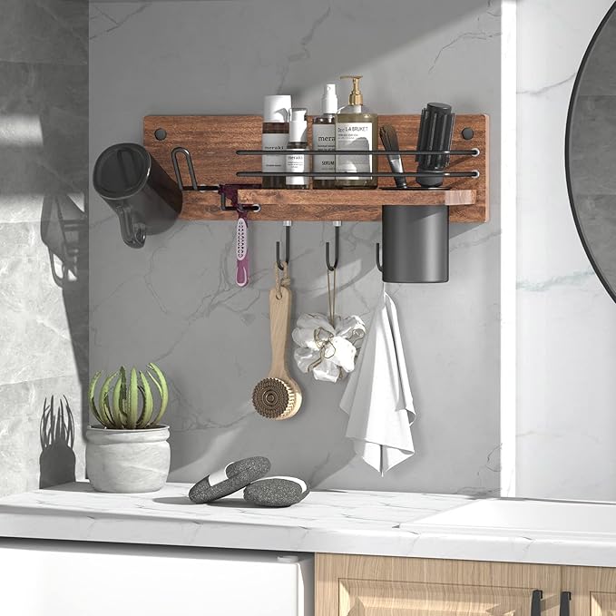 Wooden Hair Dryer Holder Wall Mounted, Bathroom Hair Tool Organizer, Blow Dryer Holder Shelf, Curling Iron and Hair Styling Tools Organizer