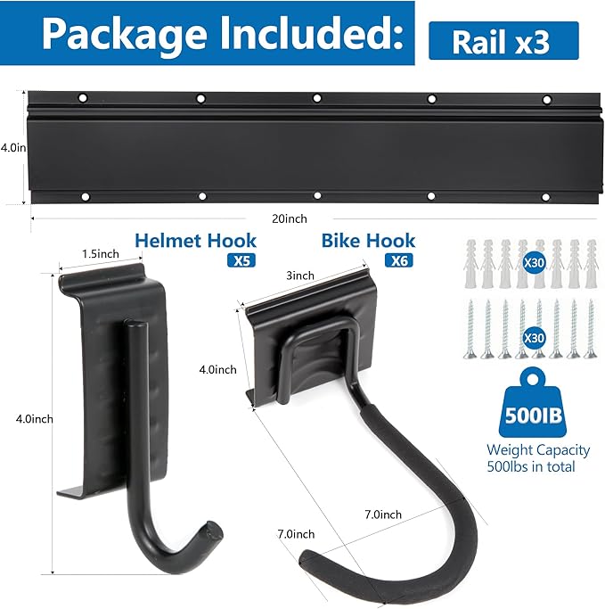 Sinoer Bike Storage Rack,Bike Wall Rack, Bike Storage Wall Mount for 6 Bikes + 5 Helmets Tool Storage Hook Adjustable for Garage or Home Vertical Bike Rack, 20 inches / 511mm - 3 Rails