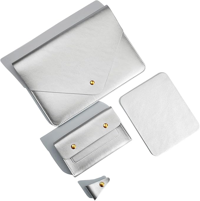 PU Leather Laptop Sleeve 16 Inch Compatible with New MacBook Pro 16 A2991, MacBook Pro 15, Surface Book 15, Dell XPS 15 with Small Pouch, Mouse Pad and Cord Organizer Color Silver
